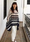 Poncho, Chiffon (Cream & Navy Stripe With Hand Embroidered Shoulder Detail)