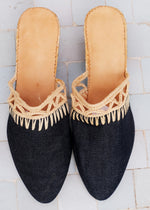 Navy Denim & Raffia Wedge Babouche Shoes
