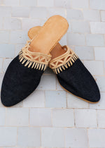 Navy Denim & Raffia Wedge Babouche Shoes