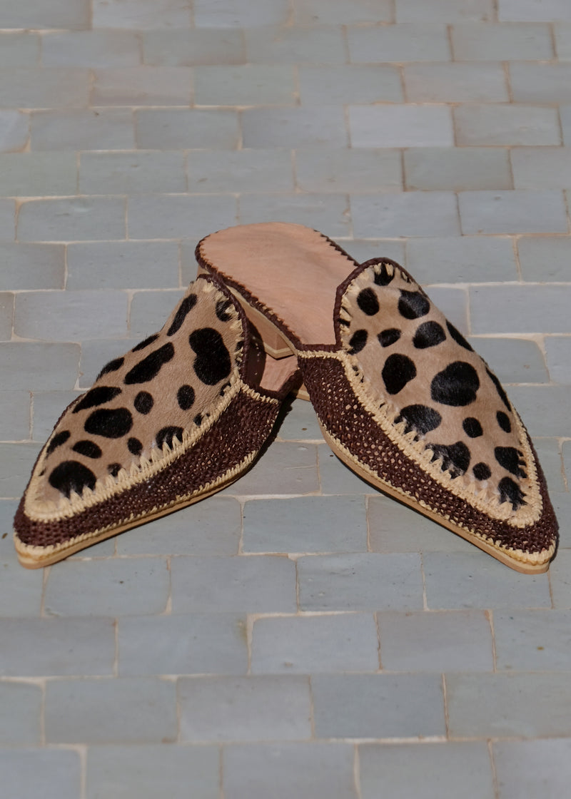 Animal print Leather & Raffia Pointed Babouche Shoes