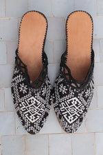 Black Beldi Fabric & Raffia Wedge Babouche Shoes