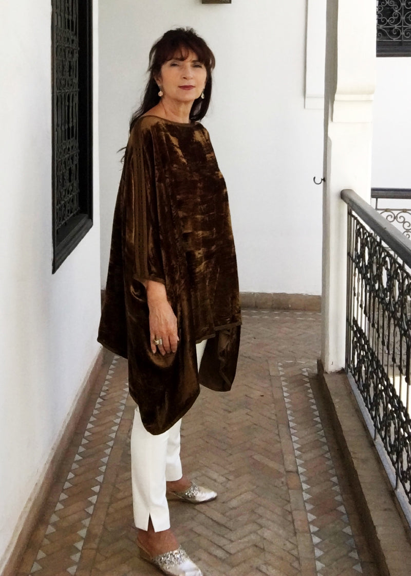 Poncho, Crushed Velvet With Hand Embroidered Shoulder Detail (Tan)