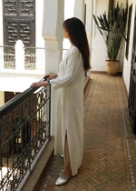 Linen Embroidered Long Caftan Dress, Textured Cream